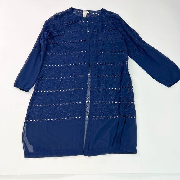 Chico's Cardigan Sweater Women Large Eyelet Embroidered Sheer Long New Navy - Picture 1 of 12